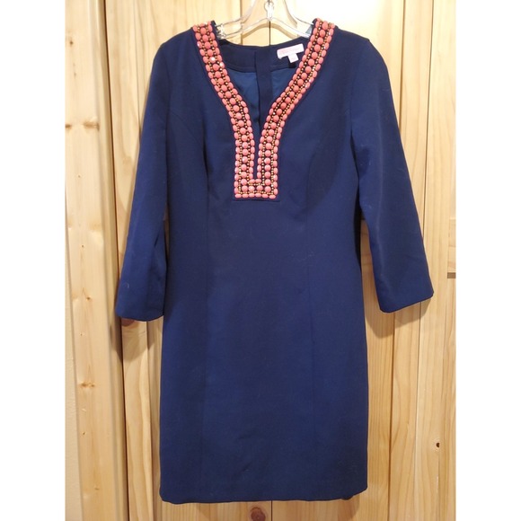 Lilly Pulitzer Bennett Navy Blue Dress w/ Coral & Gold Beading - Size 6‎ - Picture 2 of 4